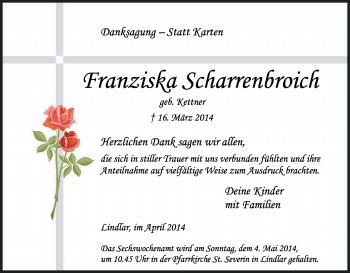 Anzeige von Tranziska Scharrenbroich von Kölner Stadt-Anzeiger / Kölnische Rundschau / Express