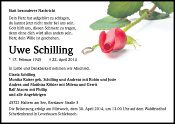 Anzeige von Uwe Schilling von Kölner Stadt-Anzeiger / Kölnische Rundschau / Express