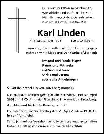 Anzeige von Karl Linden von Kölner Stadt-Anzeiger / Kölnische Rundschau / Express