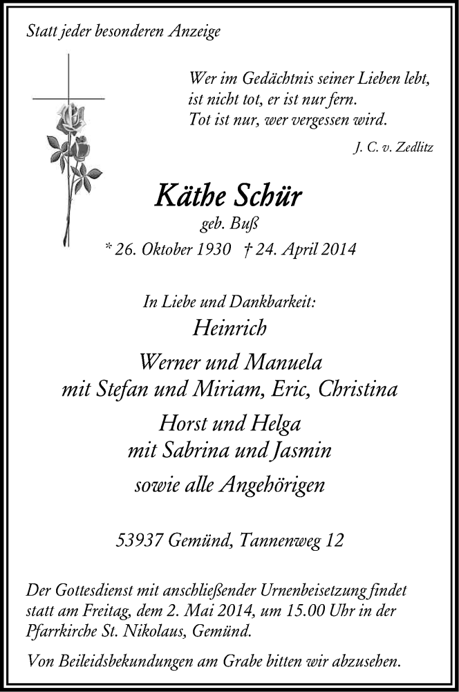 Traueranzeige für Käthe Schür vom 26.04.2014 aus Kölner Stadt-Anzeiger / Kölnische Rundschau / Express