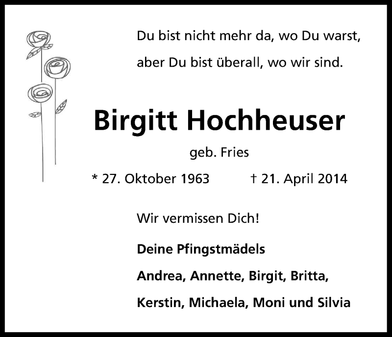  Traueranzeige für Birgitt Hochheuser vom 26.04.2014 aus Kölner Stadt-Anzeiger / Kölnische Rundschau / Express