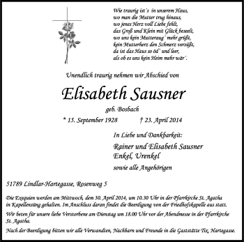 Anzeige von Elisabeth Sausner von Kölner Stadt-Anzeiger / Kölnische Rundschau / Express