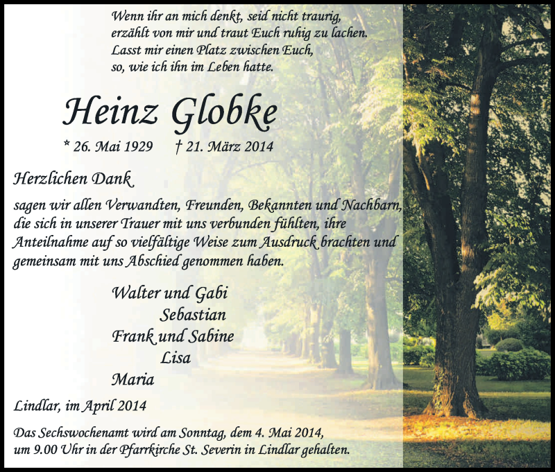  Traueranzeige für Heinz Globke vom 26.04.2014 aus Kölner Stadt-Anzeiger / Kölnische Rundschau / Express