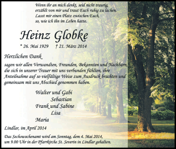 Anzeige von Heinz Globke von Kölner Stadt-Anzeiger / Kölnische Rundschau / Express