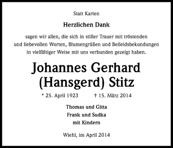 Anzeige von Johannes Gerhard Stitz von Kölner Stadt-Anzeiger / Kölnische Rundschau / Express