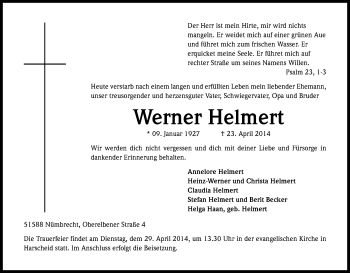Anzeige von Werner Helmert von Kölner Stadt-Anzeiger / Kölnische Rundschau / Express