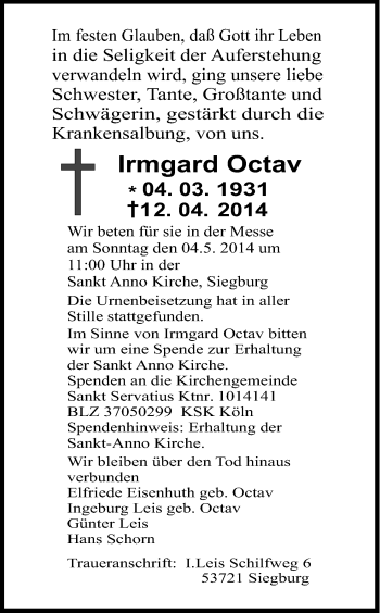 Anzeige von Irmgard Octav von Kölner Stadt-Anzeiger / Kölnische Rundschau / Express