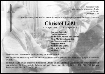 Anzeige von Christel Lößl von Kölner Stadt-Anzeiger / Kölnische Rundschau / Express