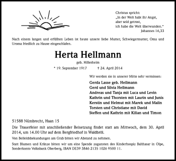 Anzeige von Herta Hellmann von Kölner Stadt-Anzeiger / Kölnische Rundschau / Express