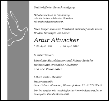 Anzeige von Artur Altwicker von Kölner Stadt-Anzeiger / Kölnische Rundschau / Express