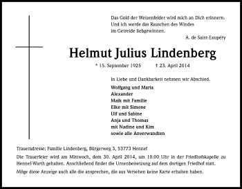 Anzeige von Helmut Julius Lindenberg von Kölner Stadt-Anzeiger / Kölnische Rundschau / Express