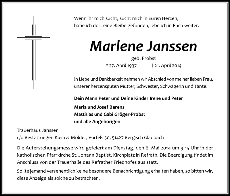  Traueranzeige für Marlene Janssen vom 26.04.2014 aus Kölner Stadt-Anzeiger / Kölnische Rundschau / Express