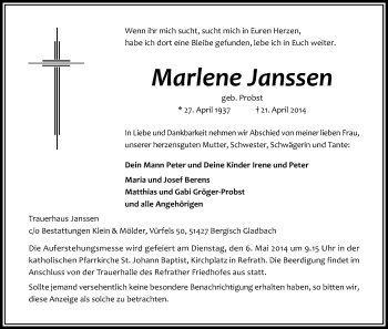 Anzeige von Marlene Janssen von Kölner Stadt-Anzeiger / Kölnische Rundschau / Express