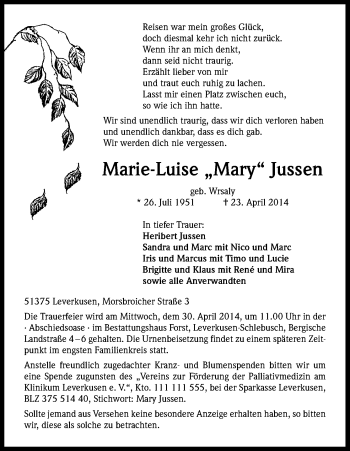 Anzeige von Marie-Luise Jussen von Kölner Stadt-Anzeiger / Kölnische Rundschau / Express