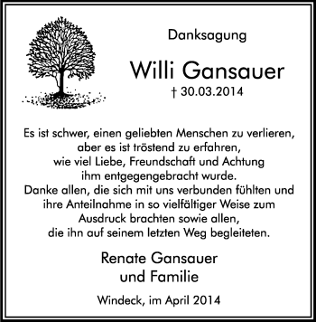 Anzeige von Willi Gansauer von Kölner Stadt-Anzeiger / Kölnische Rundschau / Express