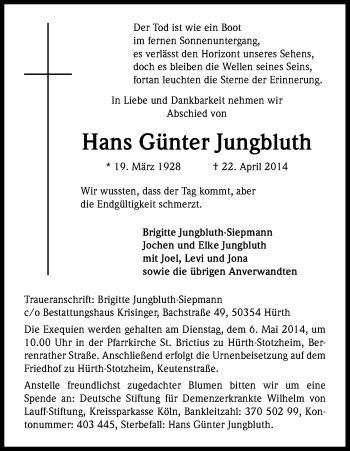 Anzeige von Hans Günter Jungbluth von Kölner Stadt-Anzeiger / Kölnische Rundschau / Express
