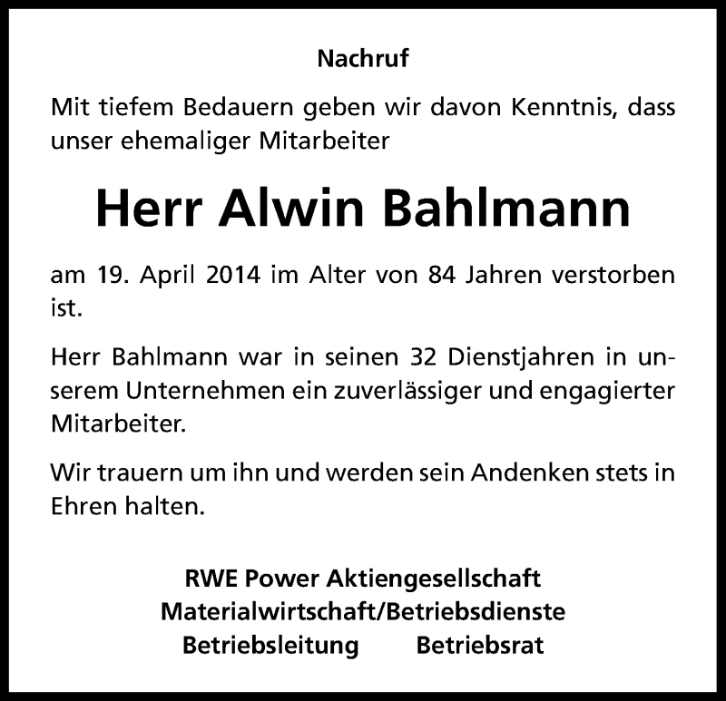  Traueranzeige für Alwin Bahlmann vom 28.04.2014 aus Kölner Stadt-Anzeiger / Kölnische Rundschau / Express