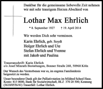 Anzeige von Lothar Max Ehrlich von Kölner Stadt-Anzeiger / Kölnische Rundschau / Express