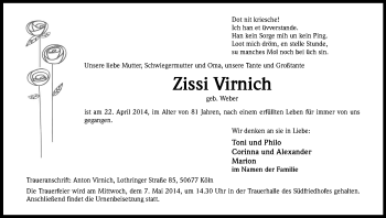 Anzeige von Zissi Virnich von Kölner Stadt-Anzeiger / Kölnische Rundschau / Express