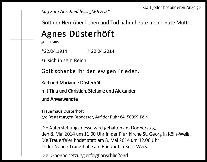  Traueranzeige für Agnes Düsterhöft vom 03.05.2014 aus Kölner Stadt-Anzeiger / Kölnische Rundschau / Express