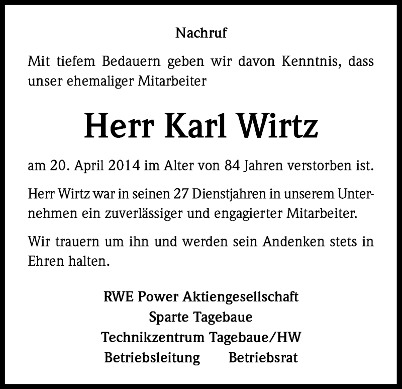  Traueranzeige für Karl Wirtz vom 29.04.2014 aus Kölner Stadt-Anzeiger / Kölnische Rundschau / Express