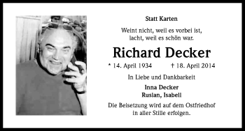 Anzeige von Richard Decker von Kölner Stadt-Anzeiger / Kölnische Rundschau / Express