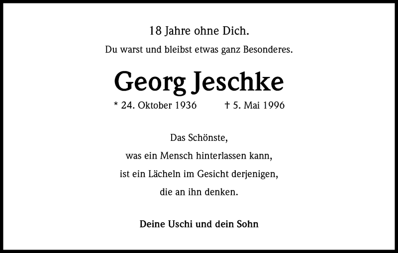  Traueranzeige für Georg Jeschke vom 05.05.2014 aus Kölner Stadt-Anzeiger / Kölnische Rundschau / Express