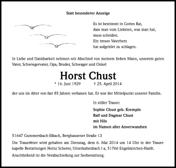 Anzeige von Horst Chust von Kölner Stadt-Anzeiger / Kölnische Rundschau / Express
