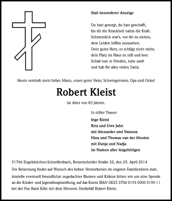 Anzeige von Robert Kleist von Kölner Stadt-Anzeiger / Kölnische Rundschau / Express