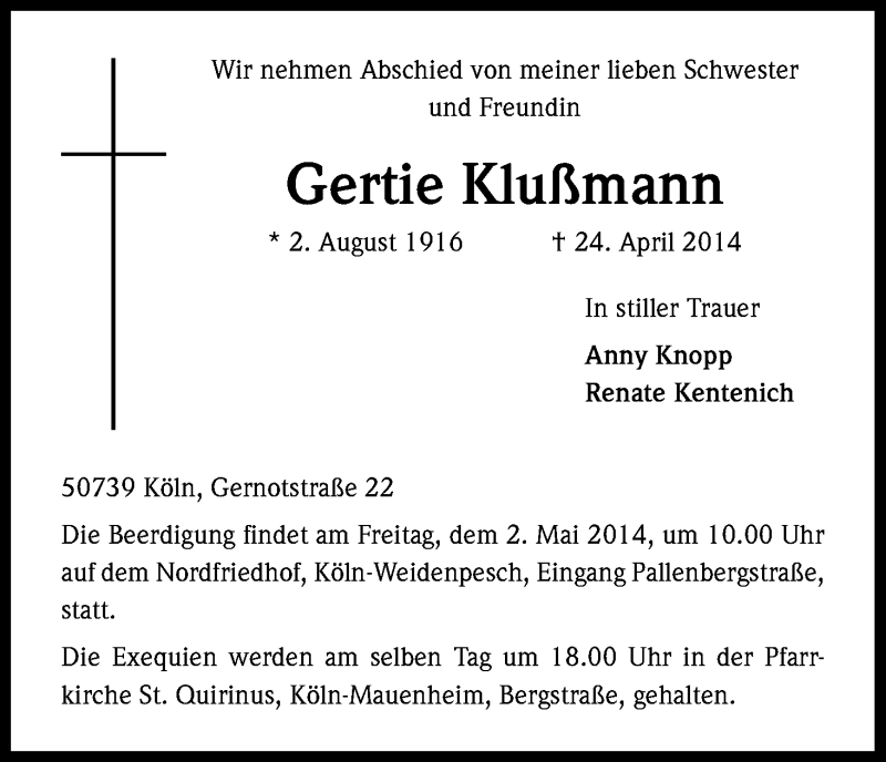  Traueranzeige für Gertie Klußmann vom 30.04.2014 aus Kölner Stadt-Anzeiger / Kölnische Rundschau / Express