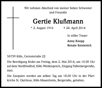 Anzeige von Gertie Klußmann von Kölner Stadt-Anzeiger / Kölnische Rundschau / Express