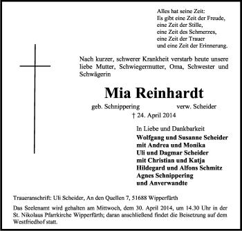 Anzeige von Mia Reinhardt von Kölner Stadt-Anzeiger / Kölnische Rundschau / Express