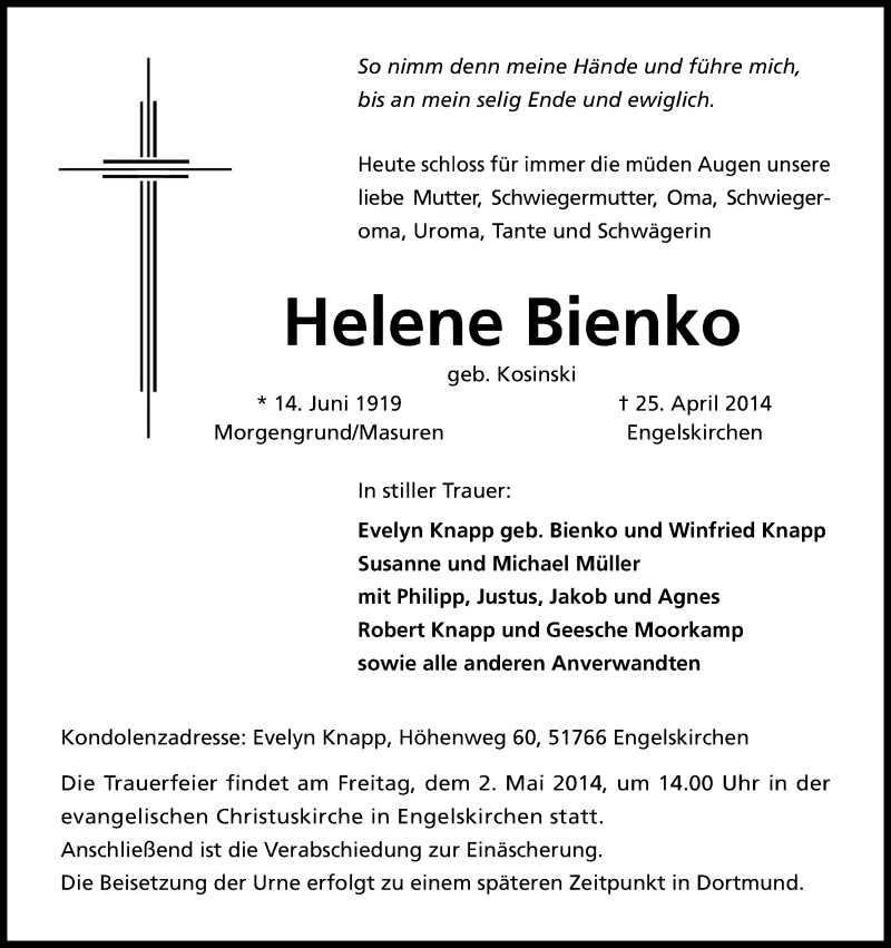  Traueranzeige für Helene Bienko vom 28.04.2014 aus Kölner Stadt-Anzeiger / Kölnische Rundschau / Express