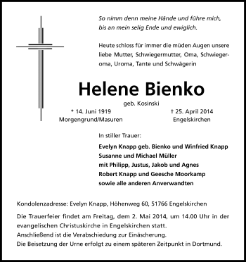 Anzeige von Helene Bienko von Kölner Stadt-Anzeiger / Kölnische Rundschau / Express