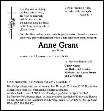 Anzeige von Anne Grant von Kölner Stadt-Anzeiger / Kölnische Rundschau / Express