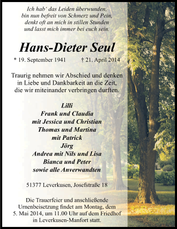 Anzeige von Hans-Dieter Seul von Kölner Stadt-Anzeiger / Kölnische Rundschau / Express