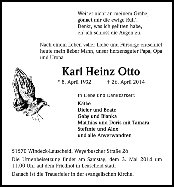 Anzeige von Karl Heinz Otto von Kölner Stadt-Anzeiger / Kölnische Rundschau / Express