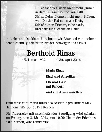 Anzeige von Berthold Rinas von Kölner Stadt-Anzeiger / Kölnische Rundschau / Express