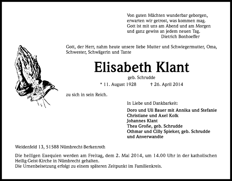  Traueranzeige für Elisabeth Klant vom 29.04.2014 aus Kölner Stadt-Anzeiger / Kölnische Rundschau / Express