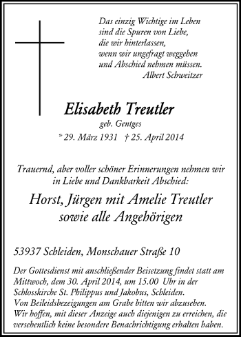 Anzeige von Elisabeth Treutler von Kölner Stadt-Anzeiger / Kölnische Rundschau / Express