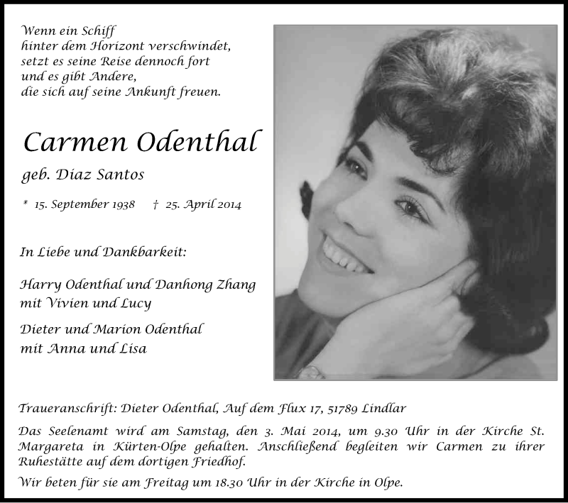  Traueranzeige für Carmen Odenthal vom 29.04.2014 aus Kölner Stadt-Anzeiger / Kölnische Rundschau / Express