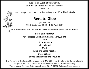 Anzeige von Renate Gloe von Kölner Stadt-Anzeiger / Kölnische Rundschau / Express