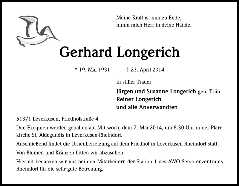  Traueranzeige für Gerhard Longerich vom 03.05.2014 aus Kölner Stadt-Anzeiger / Kölnische Rundschau / Express