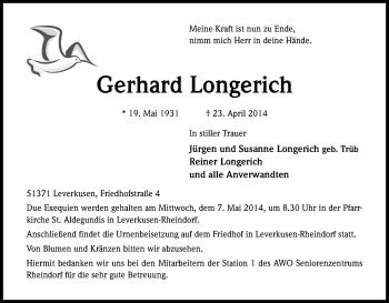 Anzeige von Gerhard Longerich von Kölner Stadt-Anzeiger / Kölnische Rundschau / Express