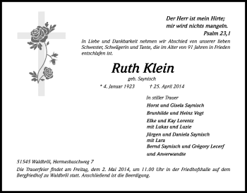Anzeige von Ruth Klein von Kölner Stadt-Anzeiger / Kölnische Rundschau / Express