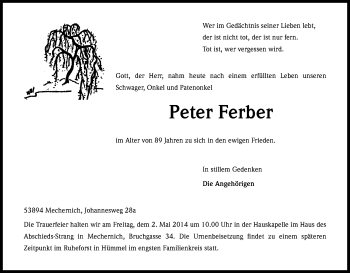 Anzeige von Peter Ferber von Kölner Stadt-Anzeiger / Kölnische Rundschau / Express