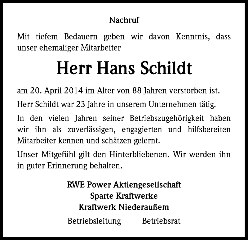  Traueranzeige für Hans Schildt vom 30.04.2014 aus Kölner Stadt-Anzeiger / Kölnische Rundschau / Express