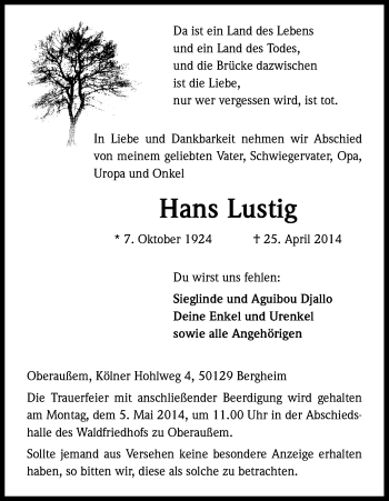 Anzeige von Hans Lustig von Kölner Stadt-Anzeiger / Kölnische Rundschau / Express