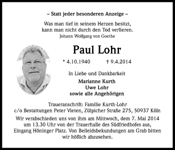 Anzeige von Paul Lohr von Kölner Stadt-Anzeiger / Kölnische Rundschau / Express