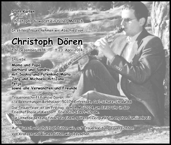 Anzeige von Christoph Dören von Kölner Stadt-Anzeiger / Kölnische Rundschau / Express